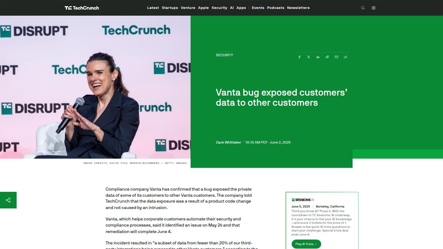Screenshot of TechCrunch article titled 'Vanta bug exposed customers' data to other customers' by Zack Whittaker